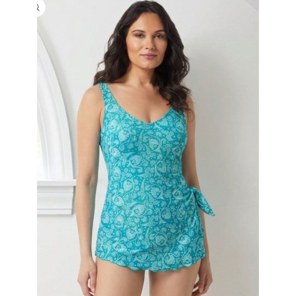 Roxanne Bra Sized V-Neck Sarong One Piece Swimsuit Swim Dress 10 Teal Floral